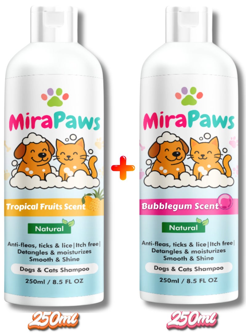MiraPaws Pets Shampoo - Tropical Fruits Scent 250ml + Bubblegum Sent 250ml (Pack of 2) - Image 1